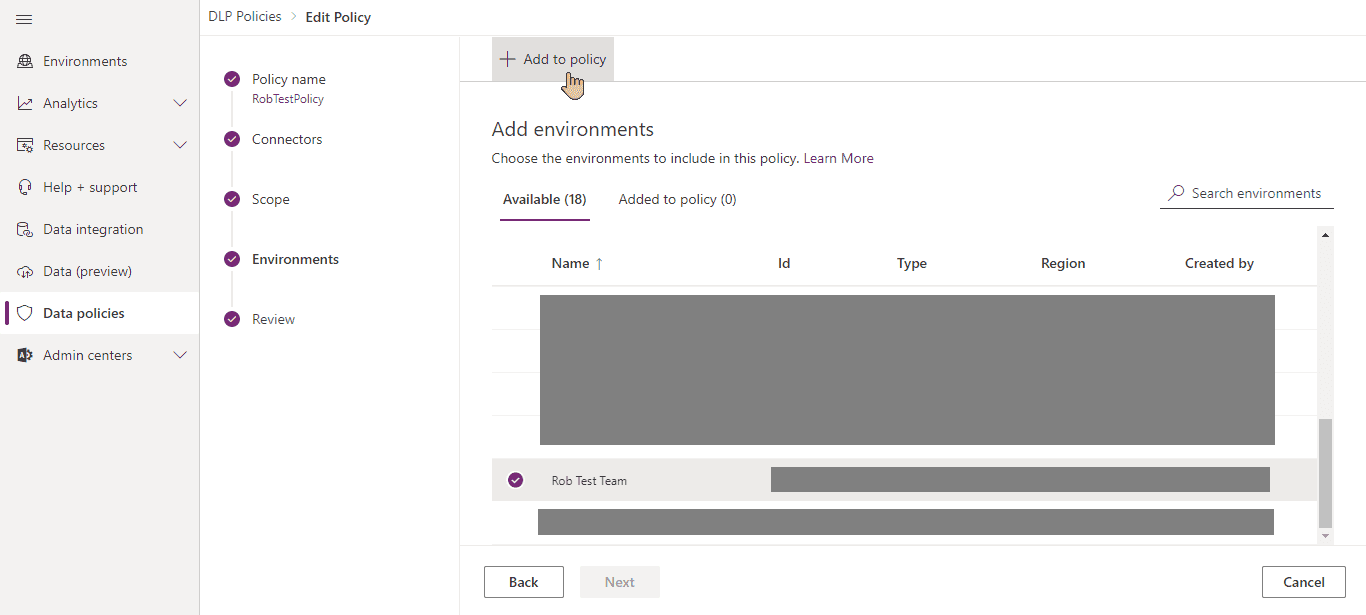 Adding environment to DLP policy