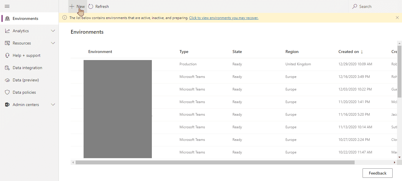 Power Plaftorm Admin Center environment tab