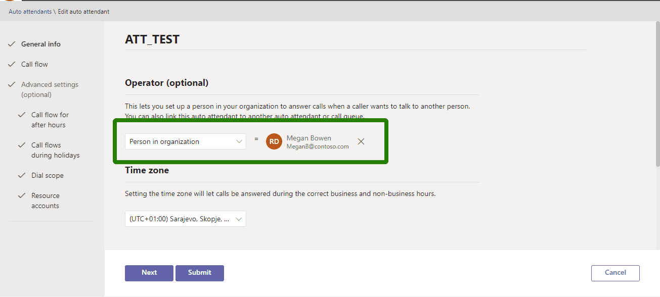 Megan Bowen set as an operator in Teams Admin Center